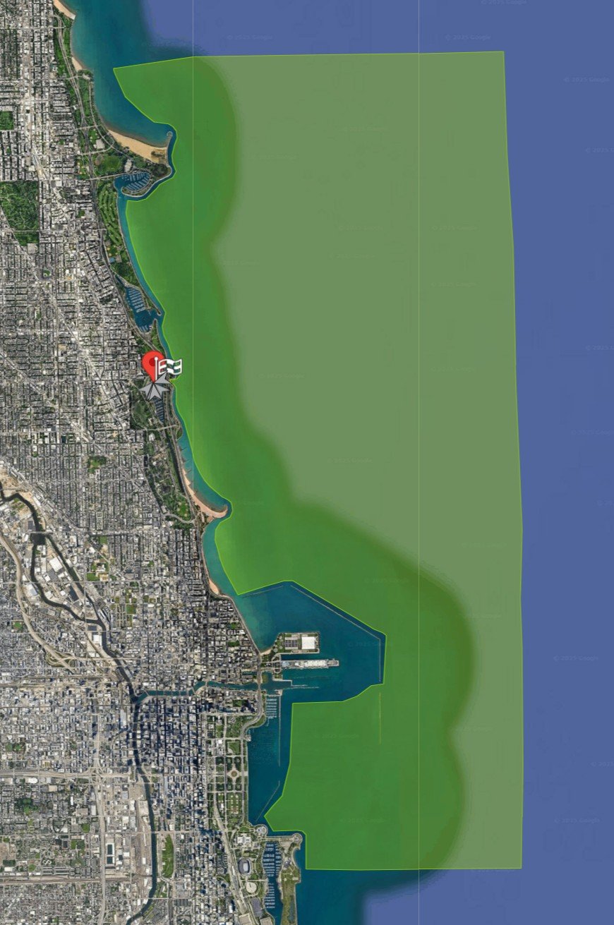 Skyline Jetski ride area map showing the permitted Lake Michigan zone from Foster Beach south to the Adler Planetarium, with the Playpen and Chicago River marked off limits